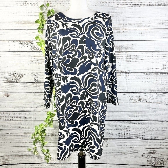 Ann Taylor Loft Dress size Small Black Blue Floral Boho Straight Knee Wedding - Picture 1 of 15